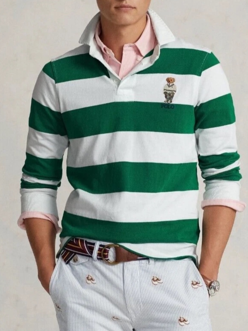 Polo Ralph Lauren Green/White Stripe Polo Bear Custom Slim Fit Rugby Polo Shirt - Picture 2 of 6